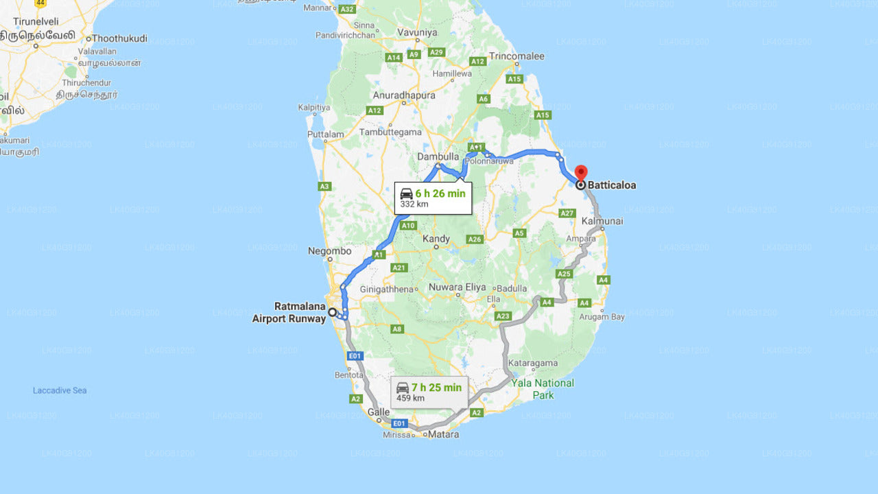 Ratmalana (RML) Airport to Batticaloa City Private Transfer