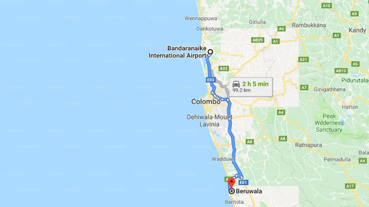 Transfer between Colombo Airport (CMB) and Wornells Reef Hotel, Beruwala