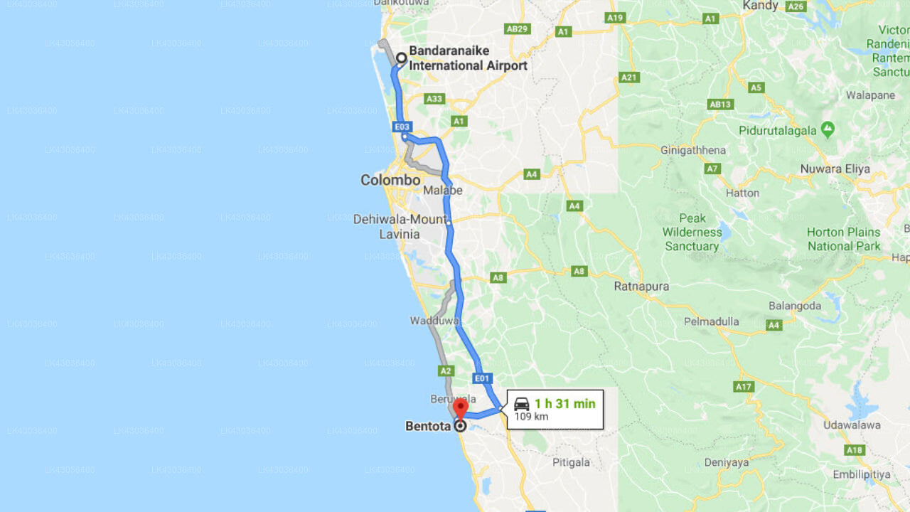 Transfer between Colombo Airport (CMB) and Dalmanuta Gardens, Bentota