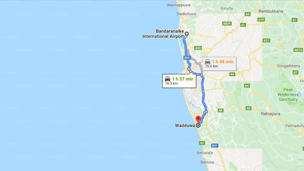 Transfer between Colombo Airport (CMB) and Reef Villa and Spa, Wadduwa