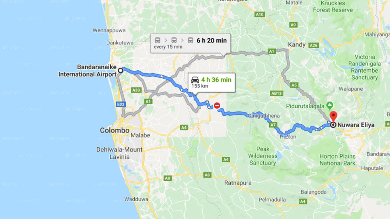 Transfer between Colombo Airport (CMB) and Paradise Message Inn, Nuwara Eliya