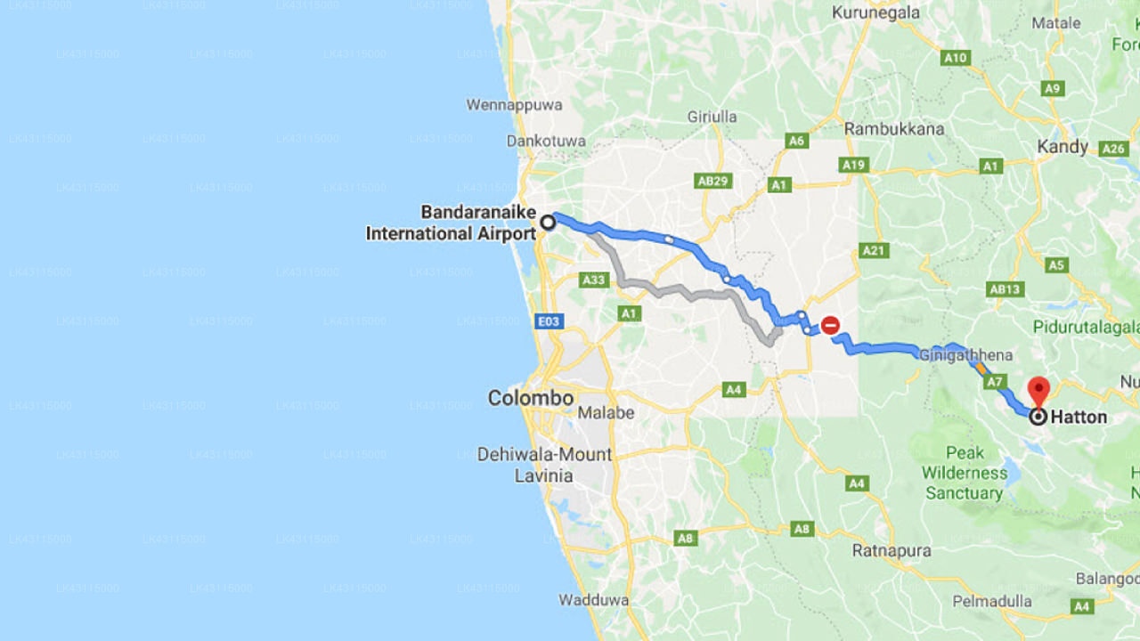 Transfer between Colombo Airport (CMB) and Rest House - Hatton, Hatton