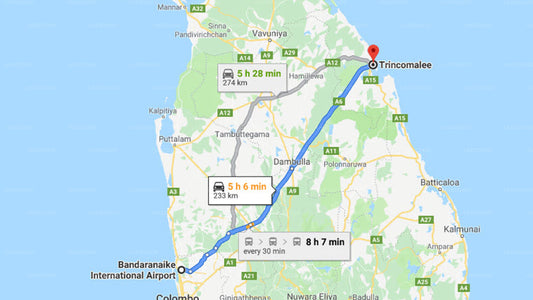 Transfer between Colombo (CMB) Airport and Nilaveli Beach Resort, Trincomalee